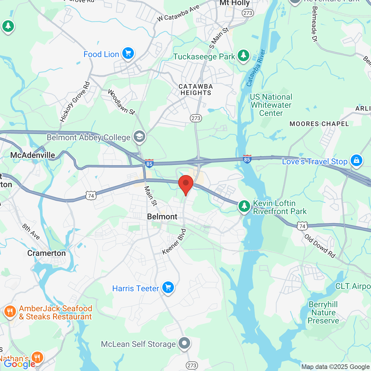 Google map image of our location in 1215 Spruce St Belmont, NC